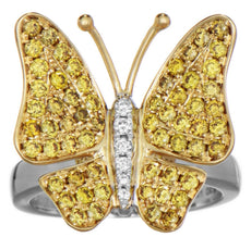 ESTATE 1.04CT WHITE & FANCY YELLOW DIAMOND 18KT 2 TONE GOLD BUTTERFLY LOVE RING