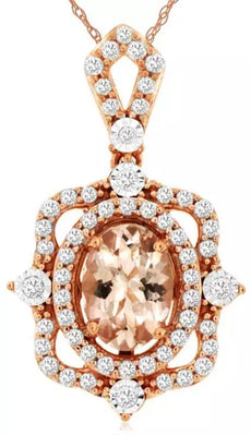.92CT DIAMOND & AAA MORAGNITE 14KT ROSE GOLD OVAL SQUARE FLOWER FLOATING PENDANT