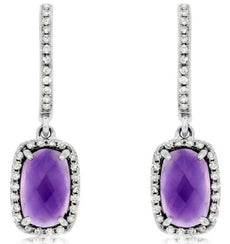 2.11CT DIAMOND & AAA AMETHYST 14K WHITE GOLD 3D CUSHION & ROUND HANGING EARRINGS