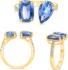 LARGE 5.87CT DIAMOND & AAA SAPPHIRE 18K YELLOW GOLD 3D CUSHION & PEAR SHAPE RING