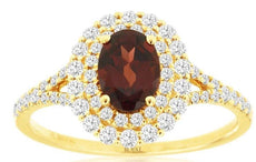 1.40CT DIAMOND & AAA GARNET 14K YELLOW GOLD OVAL & ROUND DOUBLE HALO FLOWER RING