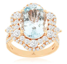 LARGE 7.35CT DIAMOND & AAA AQUAMARINE 14KT ROSE GOLD 3D OVAL & ROUND FLOWER RING