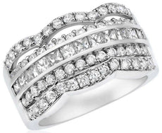 WIDE 1.86CT DIAMOND 14KT WHITE GOLD MULTI ROW ROUND & PRINCESS ANNIVERSARY RING