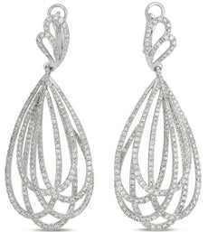 LARGE 3.88CT DIAMOND 14K WHITE GOLD MULTI ROW TEAR DROP CLIP ON HANGING EARRINGS