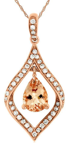 .87CT DIAMOND & AAA MORGANITE 14KT ROSE GOLD 3D PEAR SHAPE & ROUND LEAF PENDANT