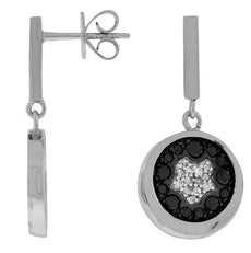 .74CT WHITE & BLACK DIAMOND 14K WHITE GOLD CLASSIC FLOWER BEZEL HANGING EARRINGS