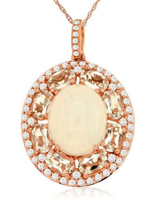 6.70CT DIAMOND & AAA OPAL & AAA MORGANITE 14KT ROSE GOLD 3D OVAL & ROUND PENDANT