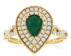 1.13CT DIAMOND & AAA EMERALD 14KT YELLOW GOLD PEAR SHAPE INFINITY HALO LOVE RING