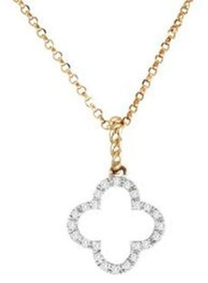.06CT DIAMOND 14KT WHITE ROSE GOLD CLASSIC 4 LEAF CLOVER FLOWER FLOATING PENDANT