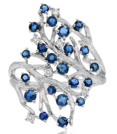 WIDE 1.32CT DIAMOND & AAA SAPPHIRE 14K WHITE GOLD 3D CRISS CROSS MULTI LEAF RING