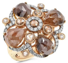 9.20CT WHITE & CHOCOLATE FANCY DIAMOND 18KT ROSE GOLD 3D FLOWER FILIGREE RING