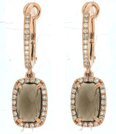 2.26CT DIAMOND & AAA SMOKY TOPAZ 14KT ROSE GOLD CUSHION & ROUND HANGING EARRINGS