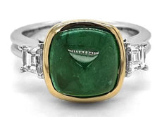 4.96CT DIAMOND & AAA CABOCHON EMERALD 18KT 2 TONE GOLD 3D SQUARE ENGAGEMENT RING