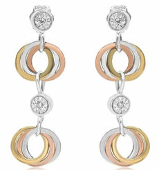 .03CT DIAMOND 14KT TRI COLOR GOLD 3D BY THE YARD CIRCULAR LINK HANGING EARRINGS