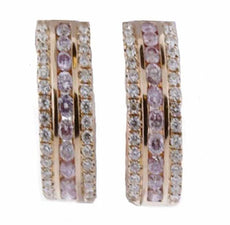 1.54CT WHITE & PINK DIAMOND 18K WHITE ROSE GOLD 3D 3 ROW HUGGIE HANGING EARRINGS
