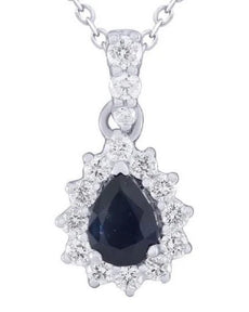 .29CT DIAMOND & AAA SAPPHIRE 14K WHITE GOLD PEAR SHAPE & ROUND TEAR DROP PENDANT