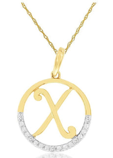 .02CT DIAMOND 14KT 2 TONE GOLD CLASSIC X INITIAL CIRCULAR FUN FLOATING PENDANT