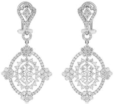 LARGE 4.57CT DIAMOND 18KT WHITE GOLD MULTI FLOWER CLUSTER OVAL HANGING EARRINGS