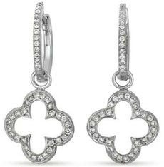 .40CT DIAMOND 14KT WHITE GOLD OPEN 4 LEAF CLOVER FLOWER HUGGIE HANGING EARRINGS
