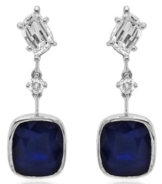 7.06CT DIAMOND & AAA SAPPHIRE 18KT WHITE GOLD 3 STONE FILIGREE HANGING EARRINGS