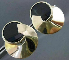 ESTATE LARGE 14KT YELLOW GOLD SWIRL AAA BLACK ONYX CLIP ON EARRINGS #22548
