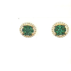 .49CT DIAMOND & AAA EMERALD 18KT YELLOW GOLD CLUSTER FLOWER HALO STUD EARRINGS