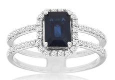 1.4CT DIAMOND & AAA SAPPHIRE 14KT WHITE GOLD 3D BAGUETTE & ROUND ENGAGEMENT RING
