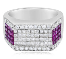 LARGE 2.41CT DIAMOND & AAA PINK RUBY 18K WHITE GOLD 3D PRINCESS CUT & ROUND RING