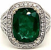 LARGE 7.07CT DIAMOND & AAA EMERALD 18KT WHITE GOLD CUSHION & ROUND FILIGREE RING