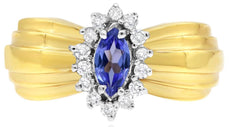 .60CT DIAMOND & AAA TANZANITE 14KT YELLOW GOLD OVAL & ROUND CLASSIC FLOWER RING