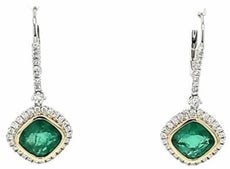 6.57CT DIAMOND & AAA EMERALD 18K 2 TONE GOLD 3D CUSHION & ROUND HANGING EARRINGS