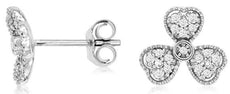 ESTATE .17CT DIAMOND 14KT WHITE GOLD 3D HEART SHAPE CLOVER FLOWER STUD EARRINGS