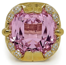 LARGE 50.58CT DIAMOND & AAA KUNZITE 18KT YELLOW GOLD CUSHION & ROUND SQUARE RING