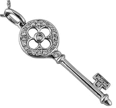 .14CT DIAMOND 14KT WHITE GOLD 3D FLOWER KEY TO YOUR HEART LOVE FLOATING PENDANT