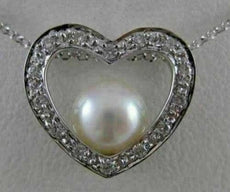 ANTIQUE DIAMOND 7MM SEA PEARL OPEN HEART 18KT WHITE GOLD PENDANT