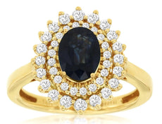 LARGE 1.97CT DIAMOND & AAA SAPPHIRE 14KT YELLOW GOLD 3D OVAL & ROUND FLOWER RING