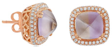 5.27CT DIAMOND & AAA AMETHYST 18KT ROSE GOLD 3D SQUARE DOUBLE HALO STUD EARRINGS
