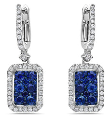1.7CT DIAMOND & AAA SAPPHIRE 18K WHITE GOLD SQUARE HALO OCTAGON HANGING EARRINGS