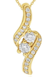 .31CT DIAMOND 18K YELLOW GOLD DOUBLE SOLITAIRE CRISS CROSS LOVE FLOATING PENDANT