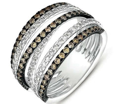 WIDE 1.43CT WHITE & MOCHA DIAMOND 14KT WHITE GOLD MULTI ROW CRISS CROSS FUN RING