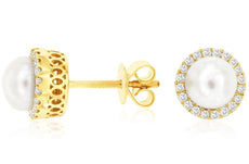 .25CT DIAMOND & AAA SOUTH SEA PEARL 14KT YELLOW GOLD HALO FILIGREE STUD EARRINGS