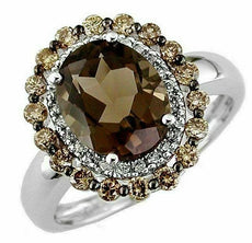 3.35CT WHITE & MOCHA DIAMOND & AAA SMOKY TOPAZ 14KT WHITE GOLD OVAL FLOWER RING