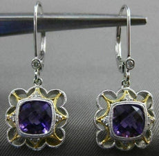 ESTATE 1.78CT DIAMOND & AMETHYST 14KT 2 TONE GOLD SQUARE ETOILE HANGING EARRINGS