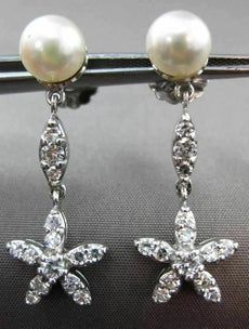 ANTIQUE .80CT DIAMOND 14K WHITE GOLD & PEARL FLOWER STAR HANGING EARRINGS #23357