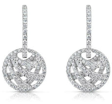 LARGE 1.09CT DIAMOND 14K WHITE GOLD 3D CIRCULAR CRISS CROSS FUN HANGING EARRINGS