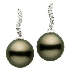 ESTATE .12CT DIAMOND & AAA TAHITIAN PEARL 14KT WHITE GOLD 3D WAVE SWIRL EARRINGS