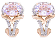 2.97CT DIAMOND & AAA PINK AMETHYST 14KT ROSE GOLD OVAL & ROUND CLIP ON EARRINGS