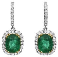 LARGE 5.69CT DIAMOND & AAA EMERALD 18KT 2 TONE GOLD CUSHION CUT & ROUND EARRINGS