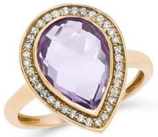 4.25CT DIAMOND & AAA AMETHYST 14K YELLOW GOLD PEAR SHAPE & ROUND BEZEL FUN RING