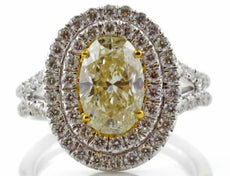 2.94CT WHITE & FANCY YELLOW DIAMOND 18KT 2 TONE GOLD DOUBLE HALO ENGAGEMENT RING